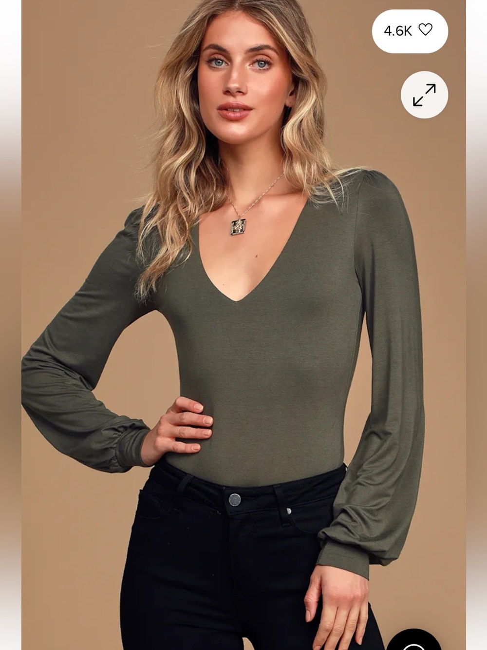 Lulus Kaylene Olive Green V-Neck Balloon Sleeve Bodysuit. Size Small.